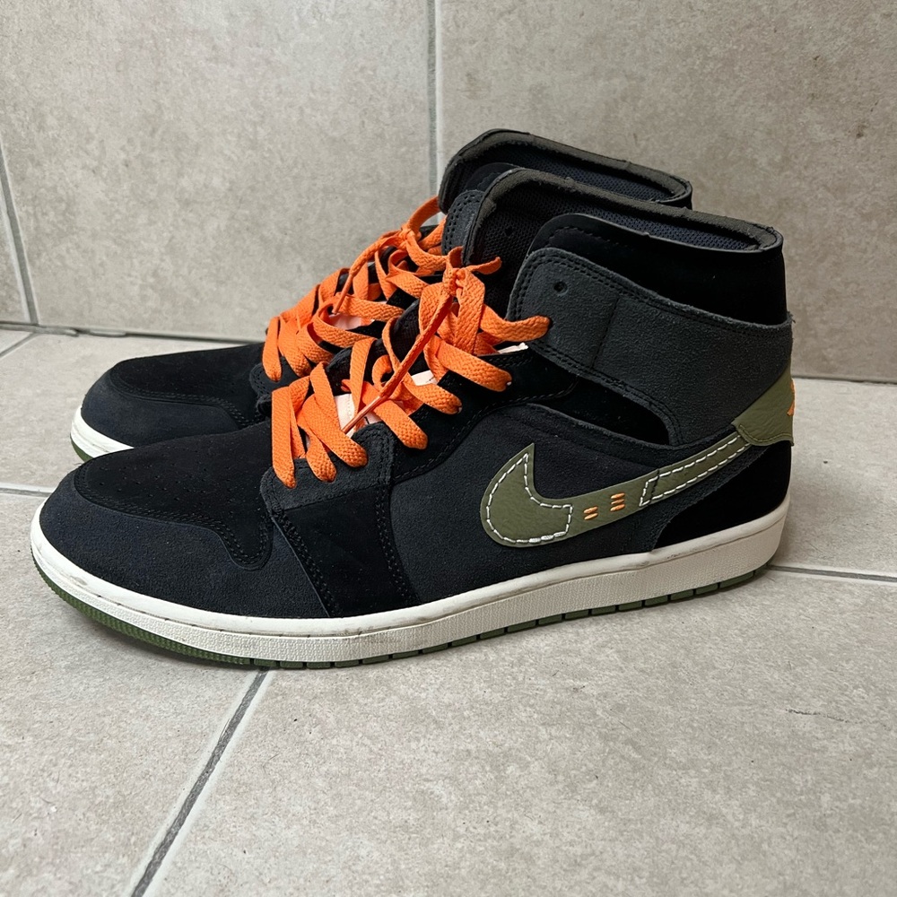 🧡 Nike Air Jordans — Black Suede High Tops with Orange Laces + Olive Swoosh 🖤